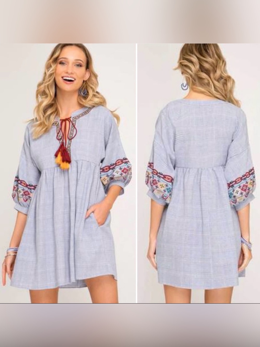 She and Sky Dress Size S Boho Peasant Embroidered Houndstooth Tassels Blue NWT